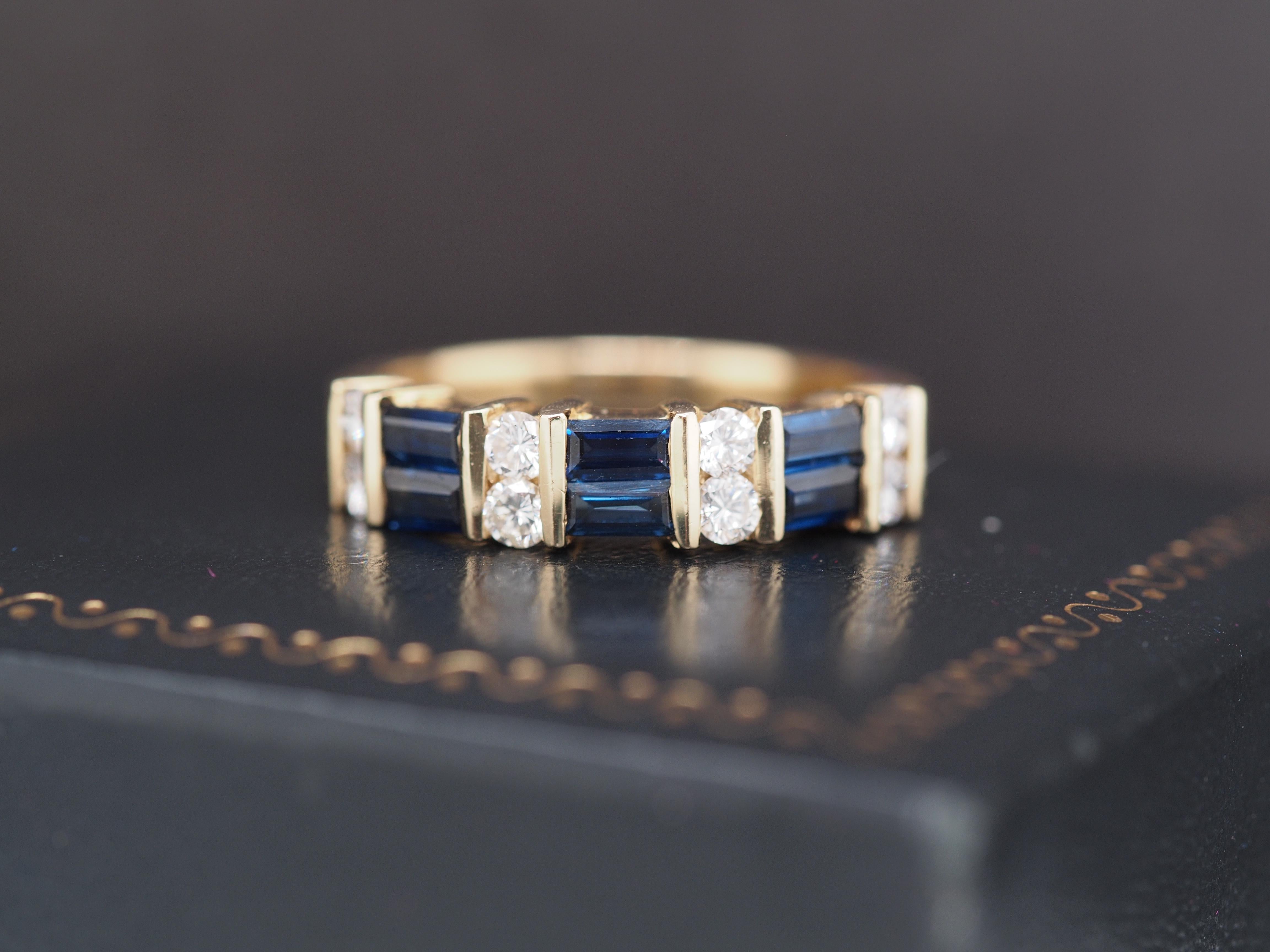 Item Details:
Ring Size: 6.25
Metal Type: 14K Yellow Gold [Hallmarked, and Tested]
Weight: 4.0 grams
Diamond and Sapphire Details
Sapphire Details: Natural, Straight Baguette, .60ct total weight, Blue
Side Diamonds: .50ct total weight, G-H Color, VS
