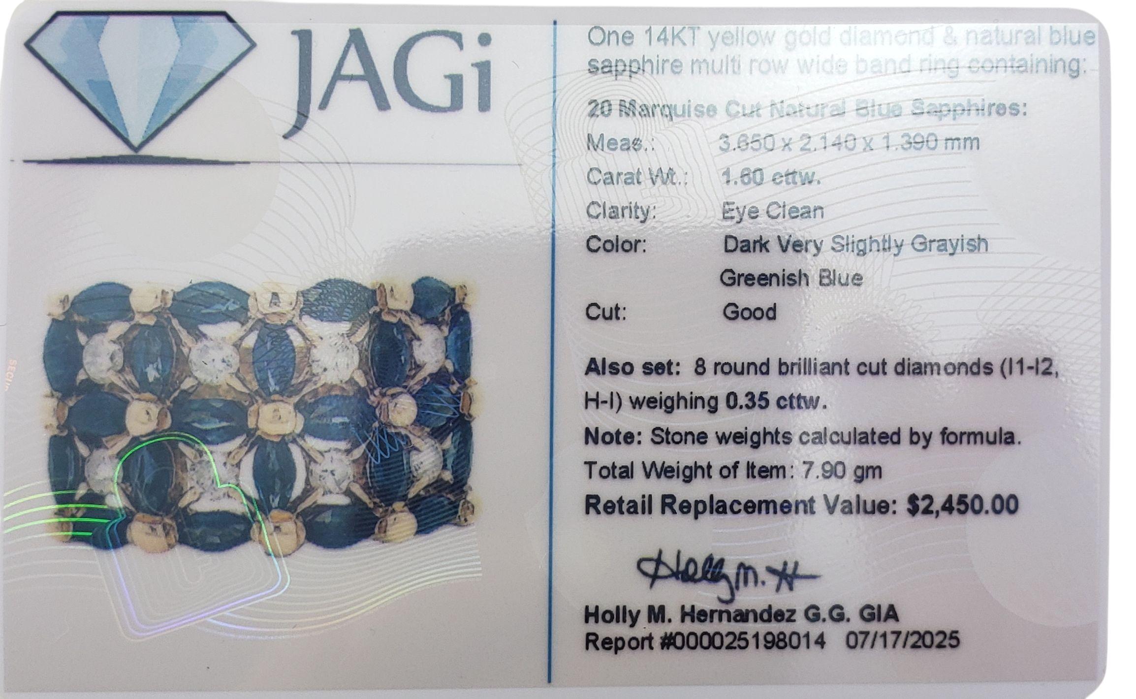 14K Yellow Gold Sapphire and Diamond Wide Band Ring Size 7 JAGi Certified #22676 For Sale 4