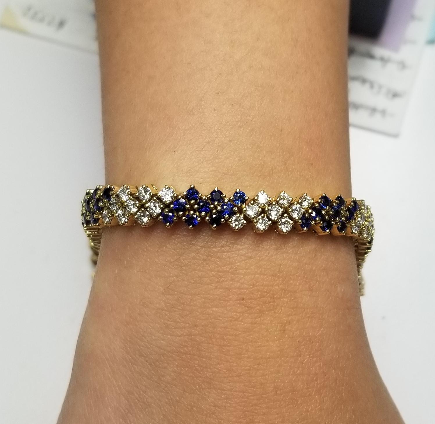 Women's or Men's 14 Karat Yellow Gold Sapphire and Diamond Wide Mesh Bracelet