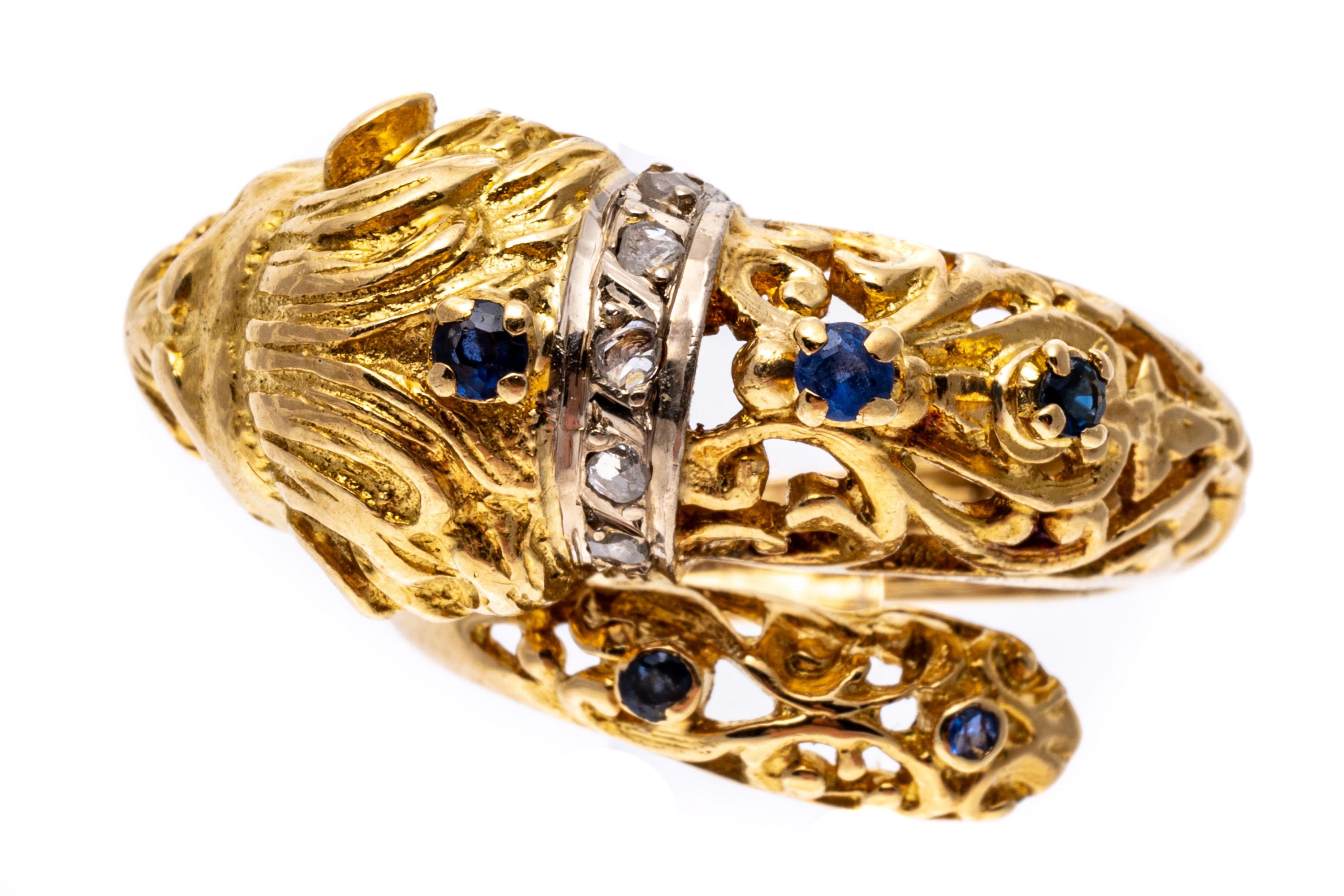 Retro 14k Yellow Gold Sapphire And Macle Diamond Lions Head Ring, Size 5.25 For Sale