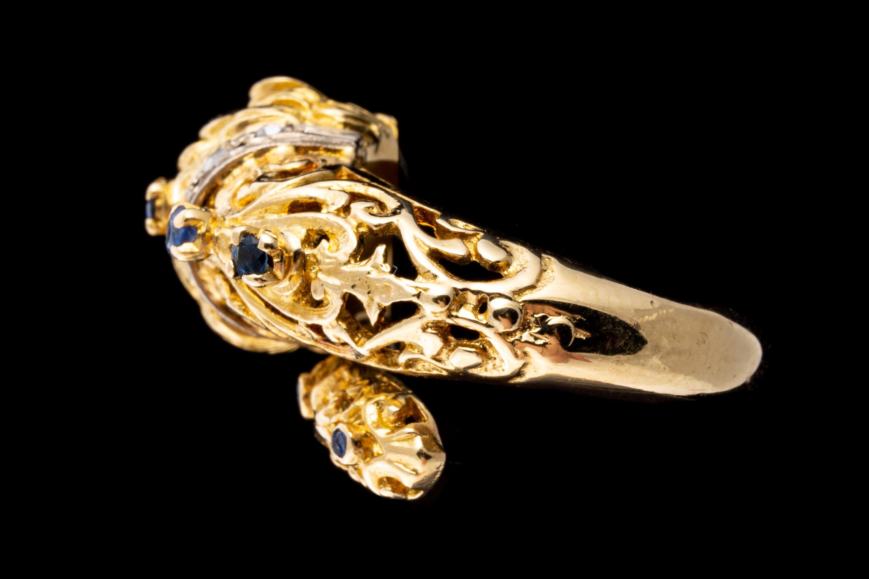 14k Gelbgold Saphir und Macle Diamant Löwenkopf-Ring, Größe 5,25 (Rundschliff) im Angebot