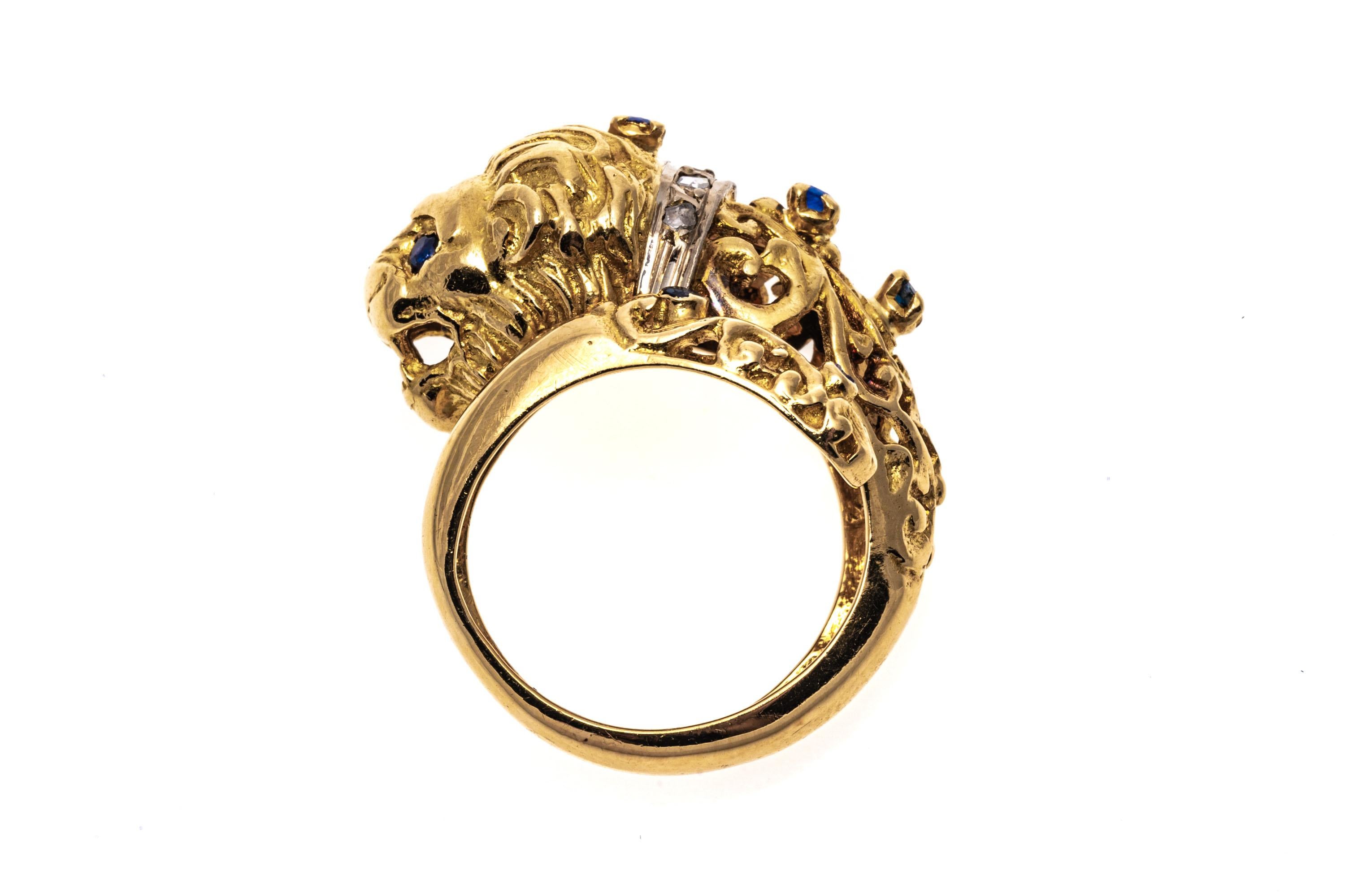14k Yellow Gold Sapphire And Macle Diamond Lions Head Ring, Size 5.25 In Good Condition For Sale In Southport, CT