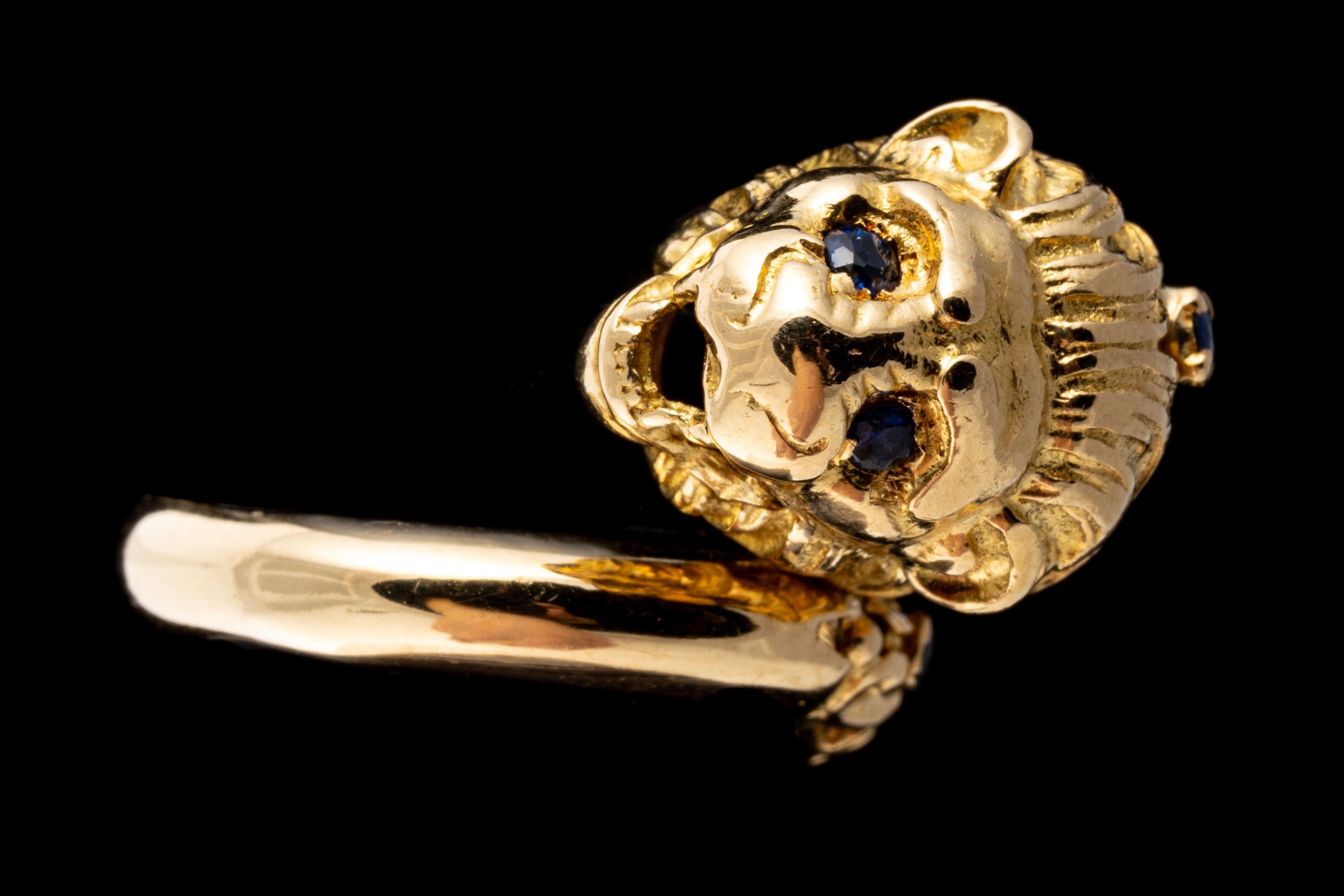 14k Yellow Gold Sapphire And Macle Diamond Lions Head Ring, Size 5.25 For Sale 1