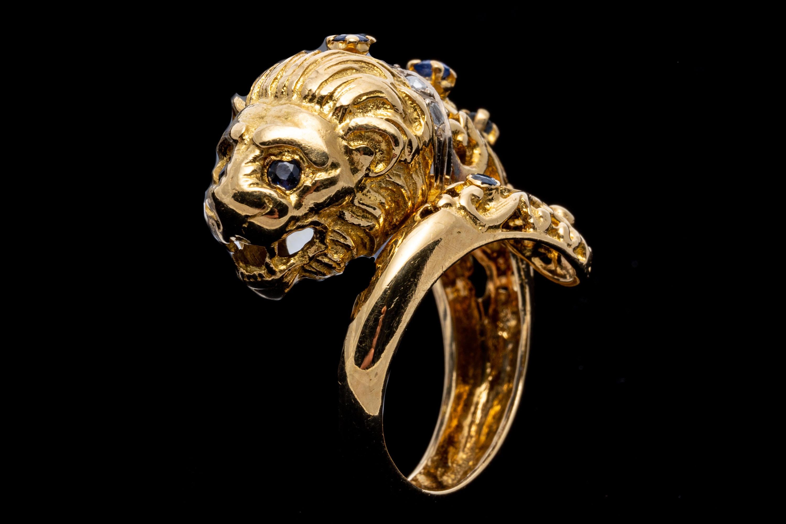 14k Gelbgold Saphir und Macle Diamant Löwenkopf-Ring, Größe 5,25 im Angebot 2