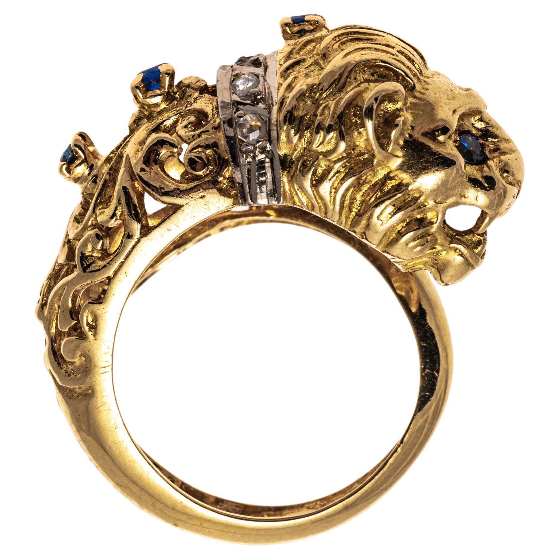 Bague tête de lion en or jaune 14 carats, saphir et diamant Macle, taille 5,25