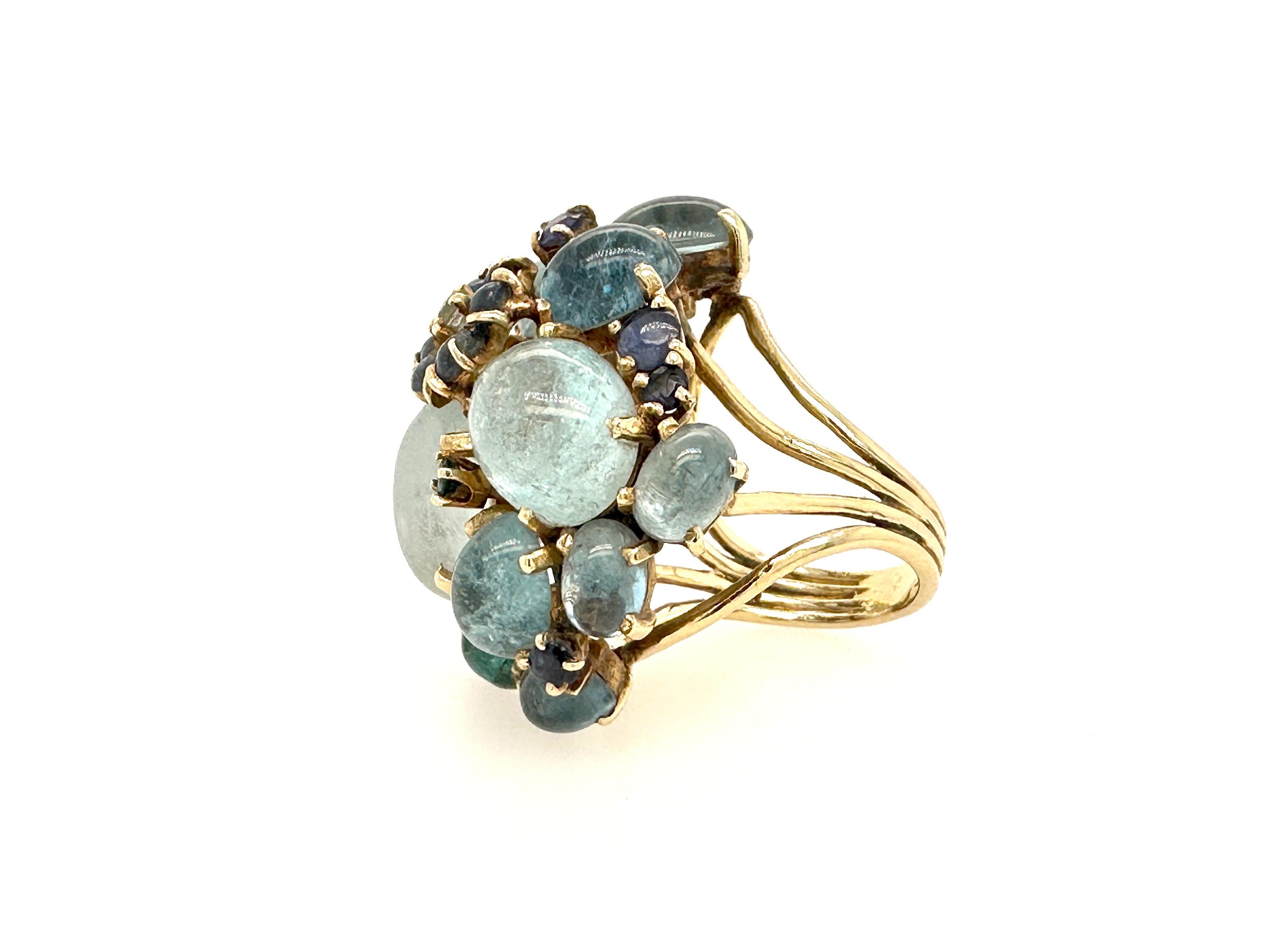 Cabochon 14k Yellow Gold Sapphire And Moonstone Cocktail Ring For Sale