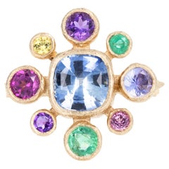 14K Yellow Gold Sapphire and Multicolor Gemstone Floral Cluster Bezel Ring