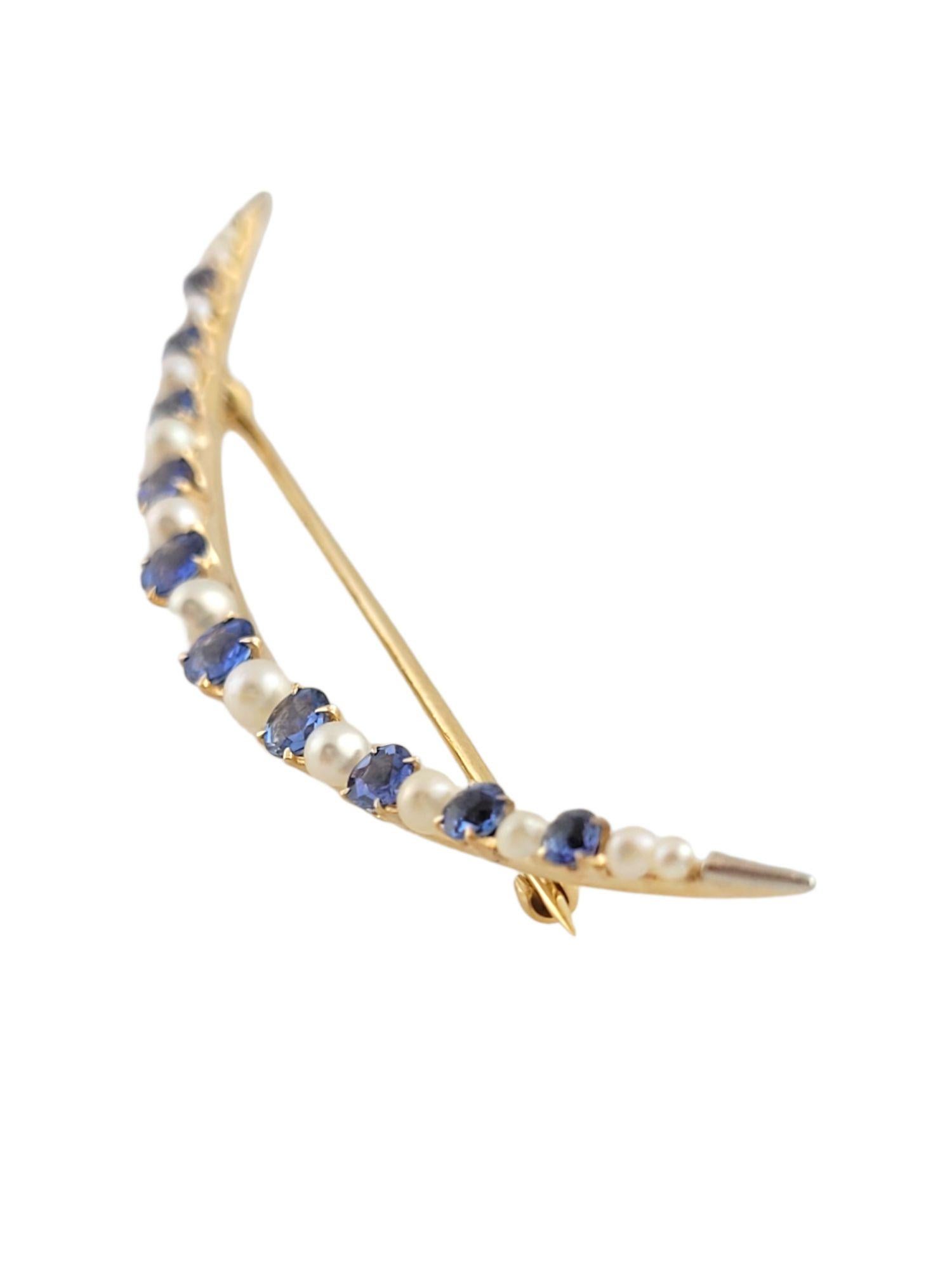 Gorgeous 14K gold crescent moon brooch with 10 blue sapphires and 13 pearls!

Pearls: 1.9-3.2mm

2.08cts in natural blue sapphires. Eye clean, medium light violet blue color, good cut

Size: 74.3mm X 15mm X 4.9mm

Weight: 5.9 g/ 3.7 dwt

Hallmark: