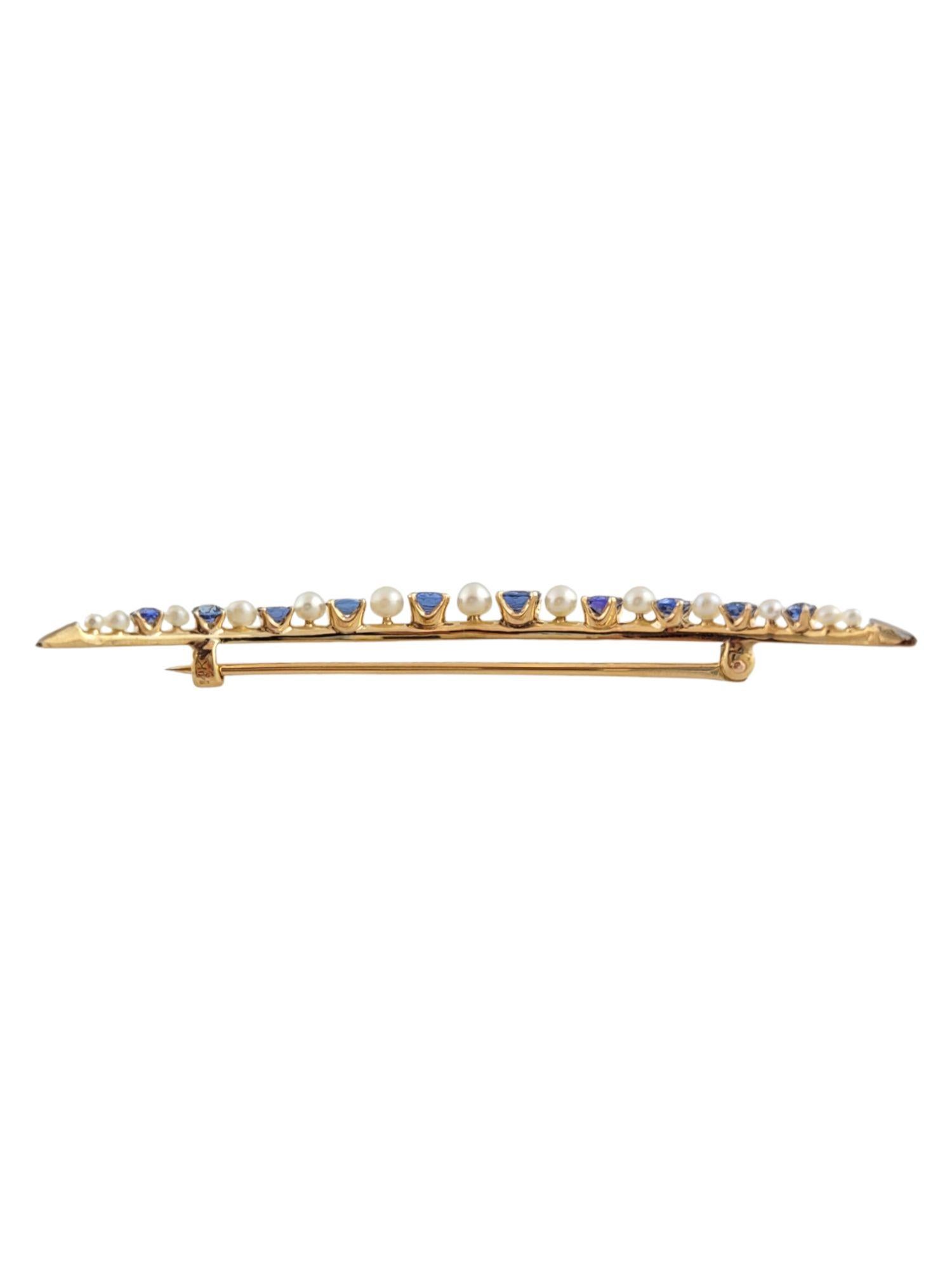 Round Cut 14K Yellow Gold Sapphire and Pearl Crescent Moon Brooch #14776 For Sale
