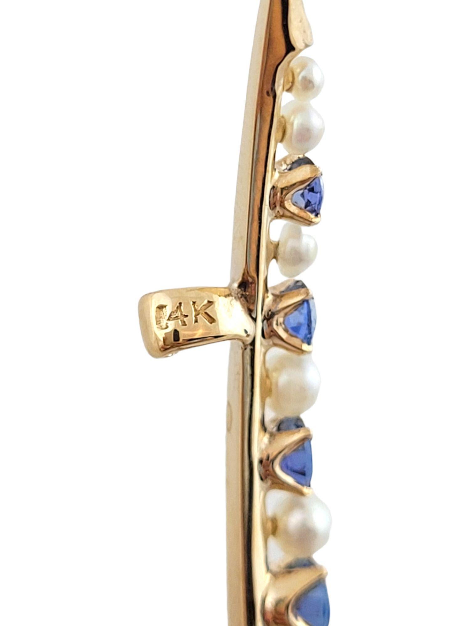 14K Yellow Gold Sapphire and Pearl Crescent Moon Brooch #14776 For Sale 1
