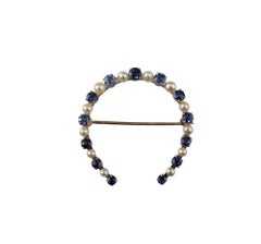 14K Yellow Gold Sapphire and Pearl Horseshoe Brooch/Pin  #20725