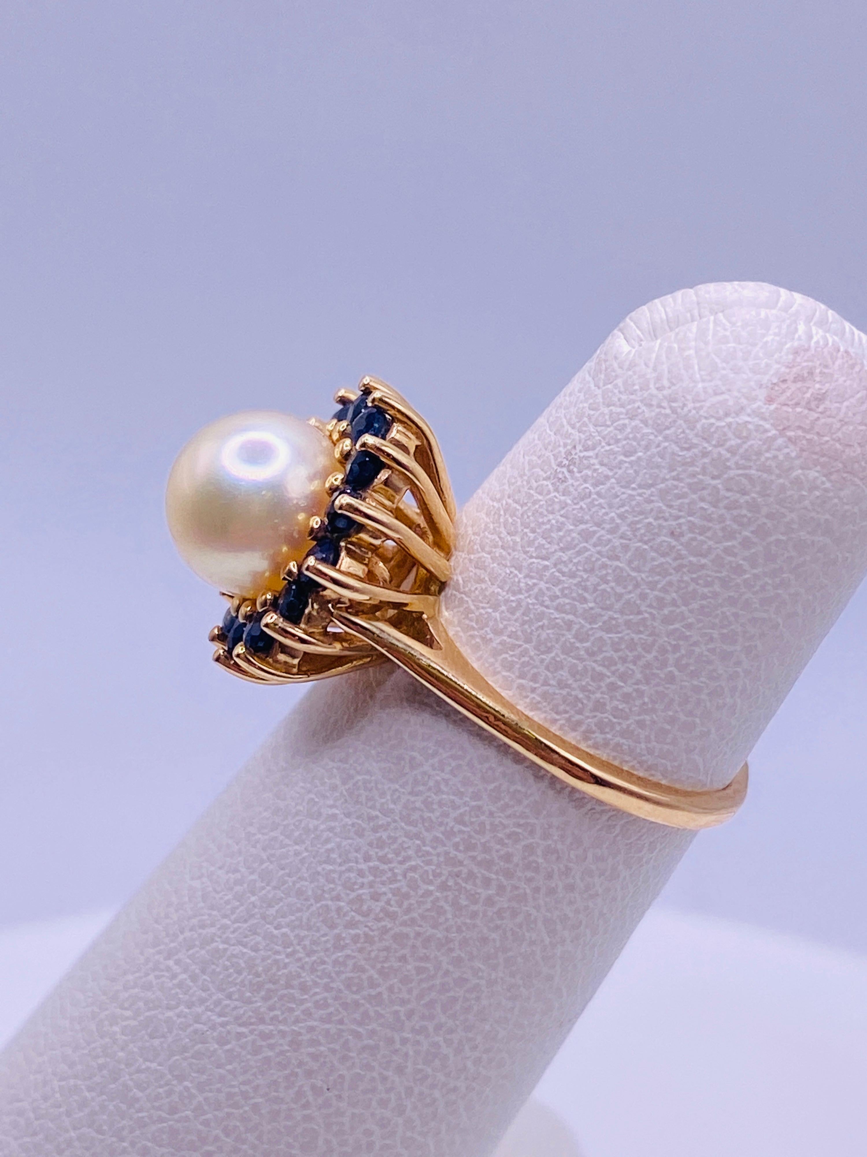 Round Cut 14K Yellow Gold Sapphire and Pearl Ring