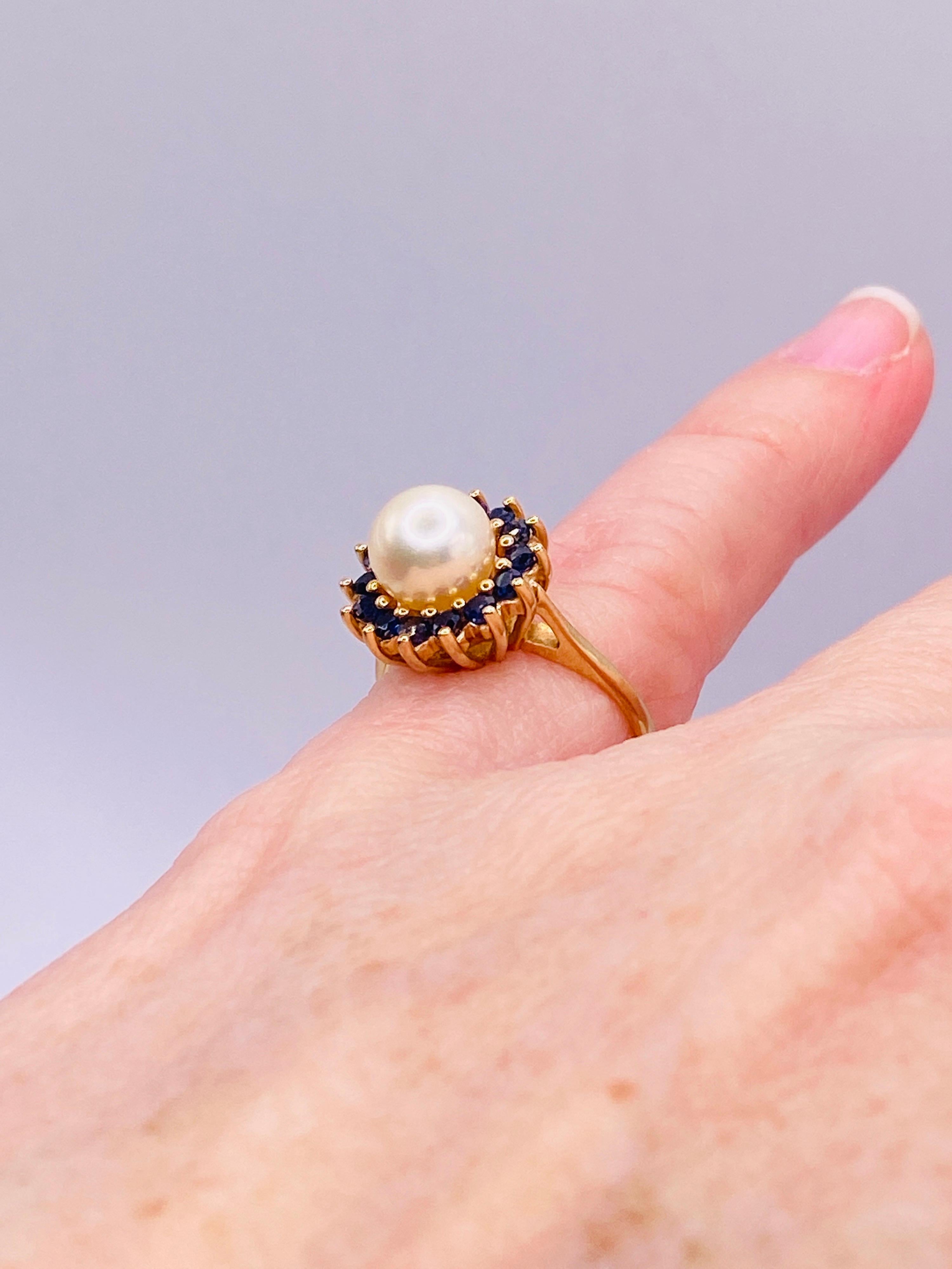 Women's or Men's 14K Yellow Gold Sapphire and Pearl Ring
