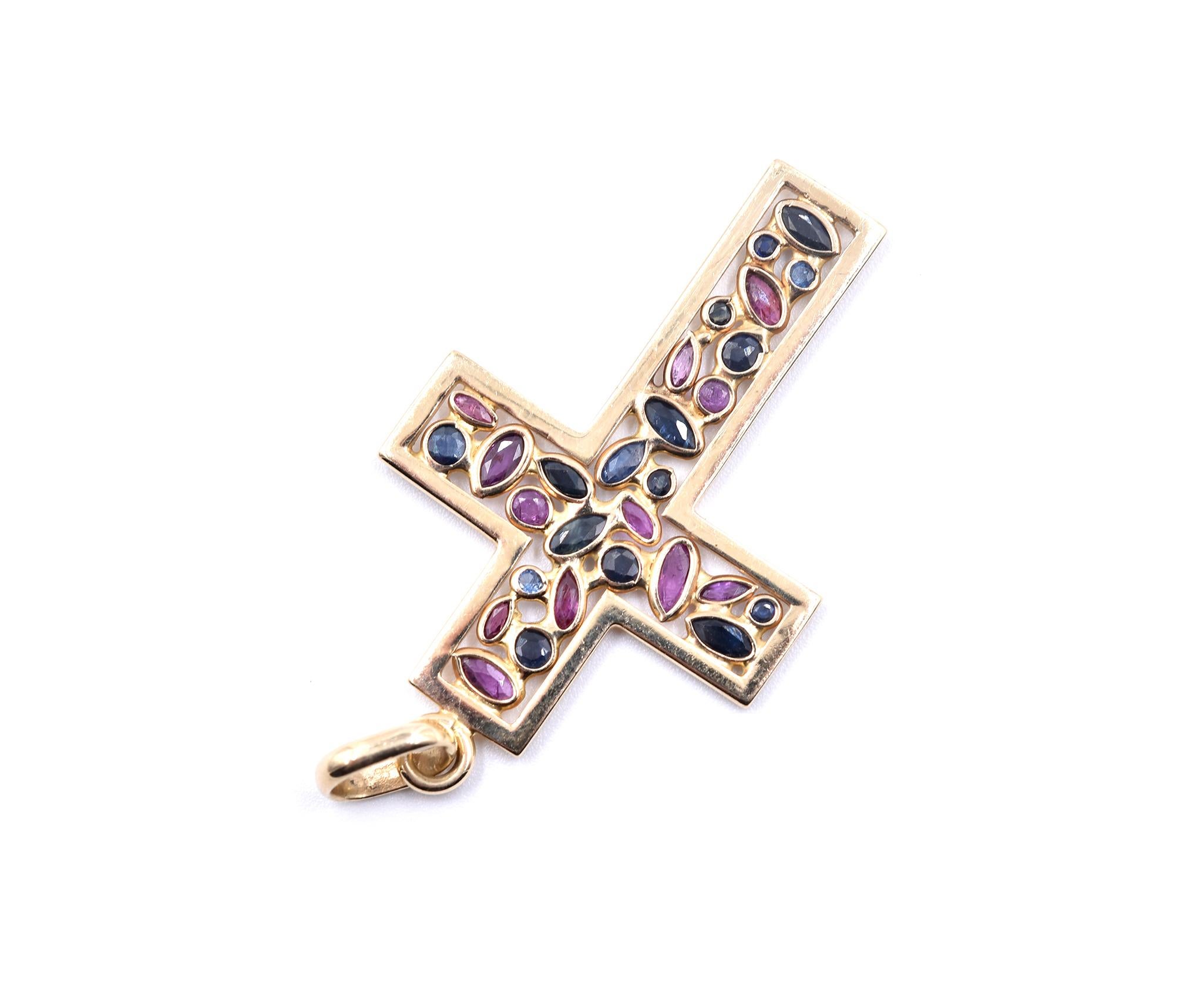 14 Karat Yellow Gold Sapphire and Ruby Cross Pendant In Excellent Condition In Scottsdale, AZ