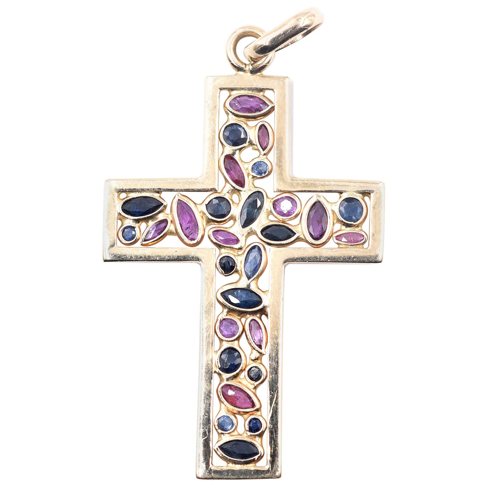 14 Karat Yellow Gold Sapphire and Ruby Cross Pendant