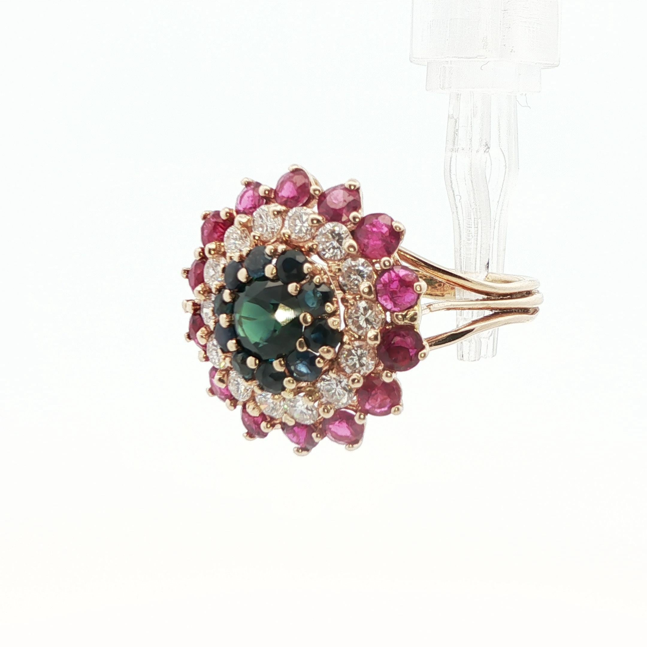 Contemporary 14k Yellow Gold Sapphire, Diamond and Ruby Ring For Sale