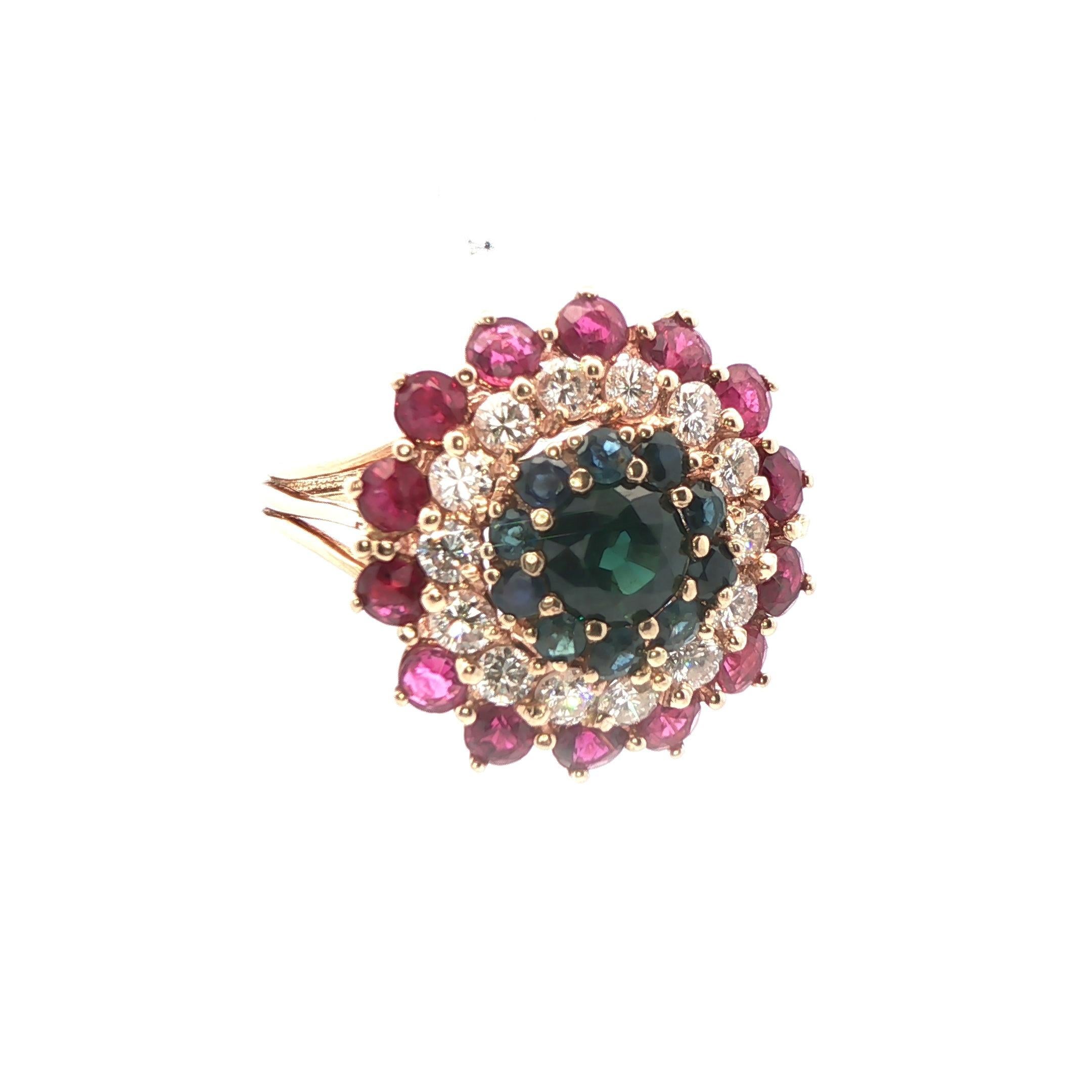 Round Cut 14k Yellow Gold Sapphire, Diamond and Ruby Ring For Sale