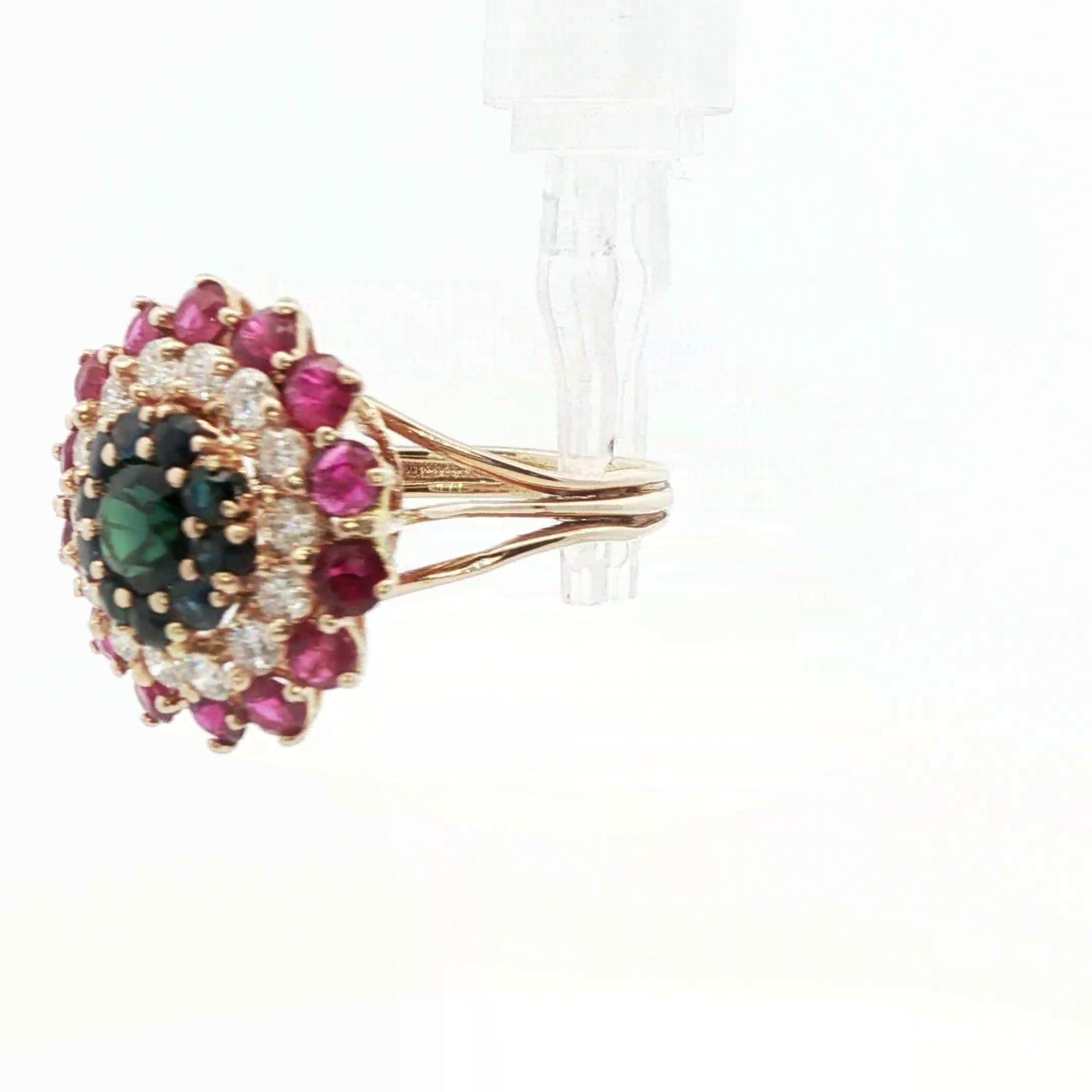 Women's 14k Yellow Gold Sapphire, Diamond and Ruby Ring For Sale