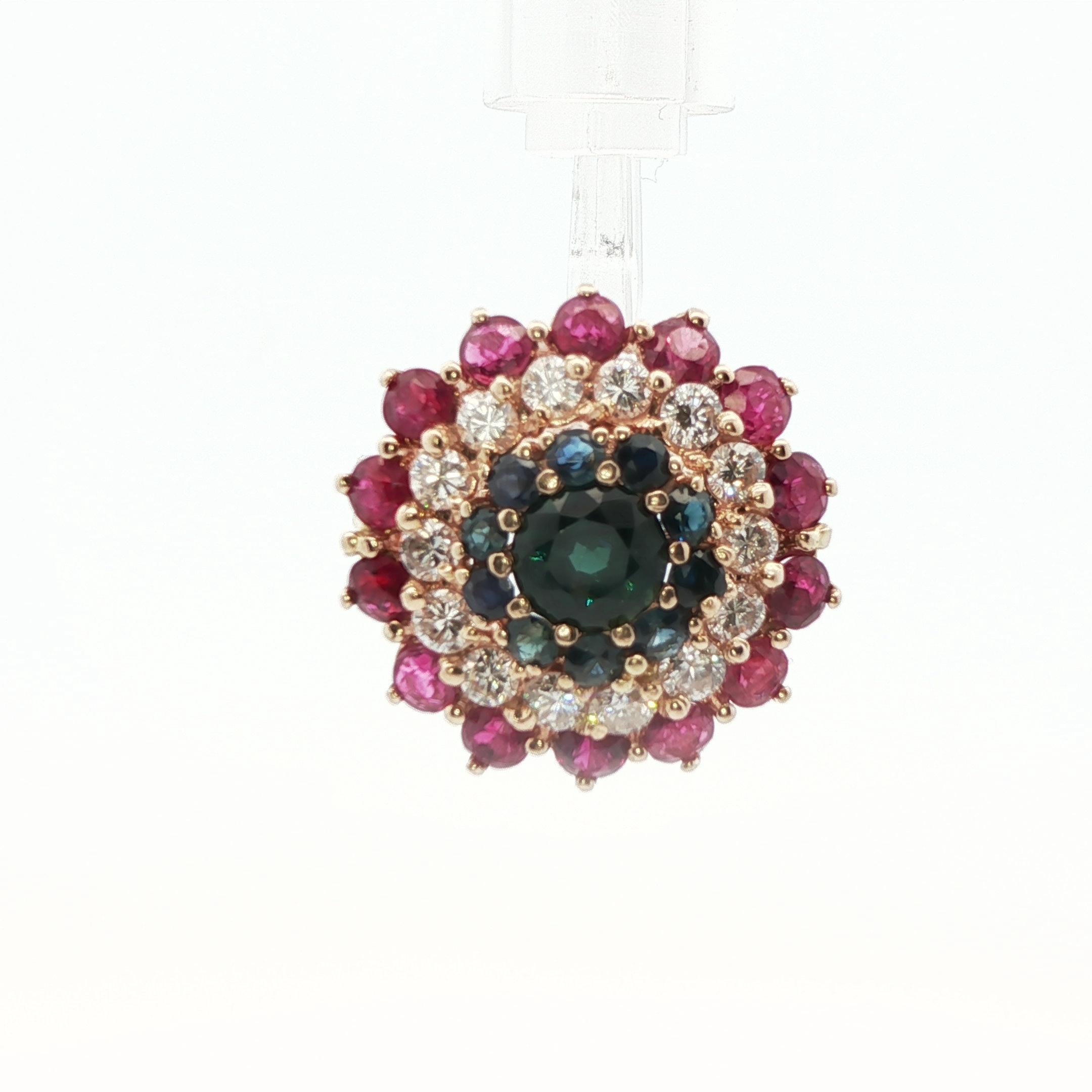 14k Yellow Gold Sapphire, Diamond and Ruby Ring For Sale 1