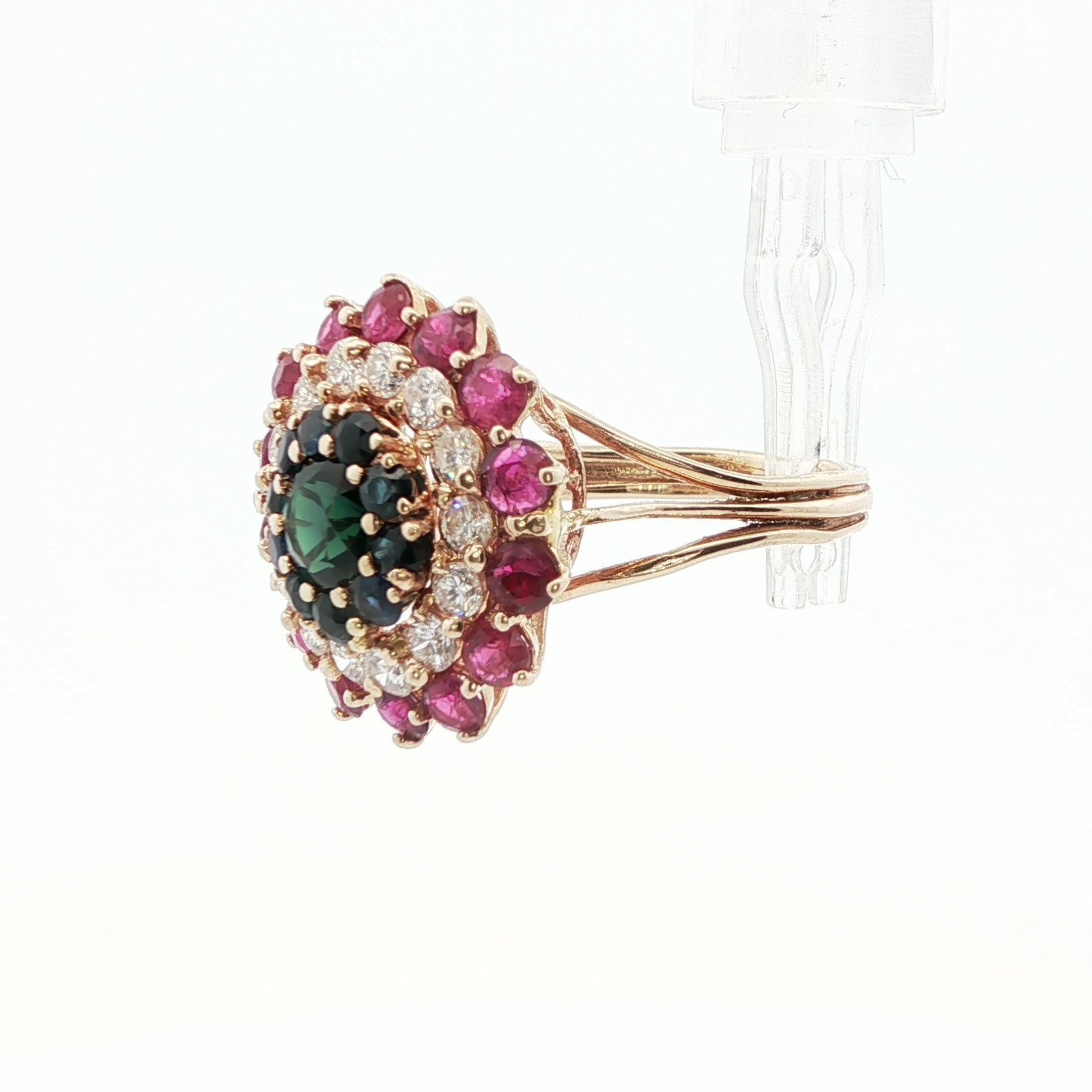 14k Yellow Gold Sapphire, Diamond and Ruby Ring For Sale 2