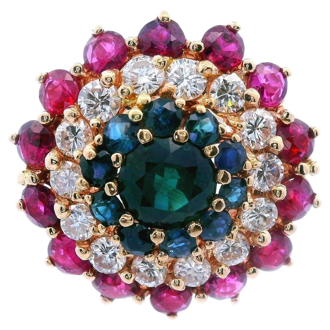 14k Yellow Gold Sapphire, Diamond and Ruby Ring For Sale