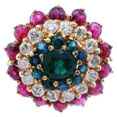 14k Yellow Gold Sapphire, Diamond and Ruby Ring