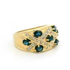 14k Yellow Gold Sapphire & Diamond Basket Weave Wide Band Cocktail Ring