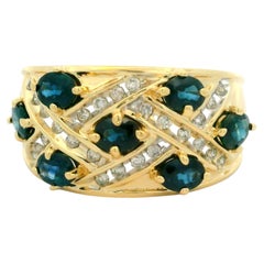 14k Yellow Gold Sapphire & Diamond Basket Weave Wide Band Cocktail Ring