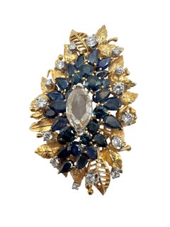 14K Yellow Gold Sapphire & Diamond Botanical Brooch with Rose-Cut Center