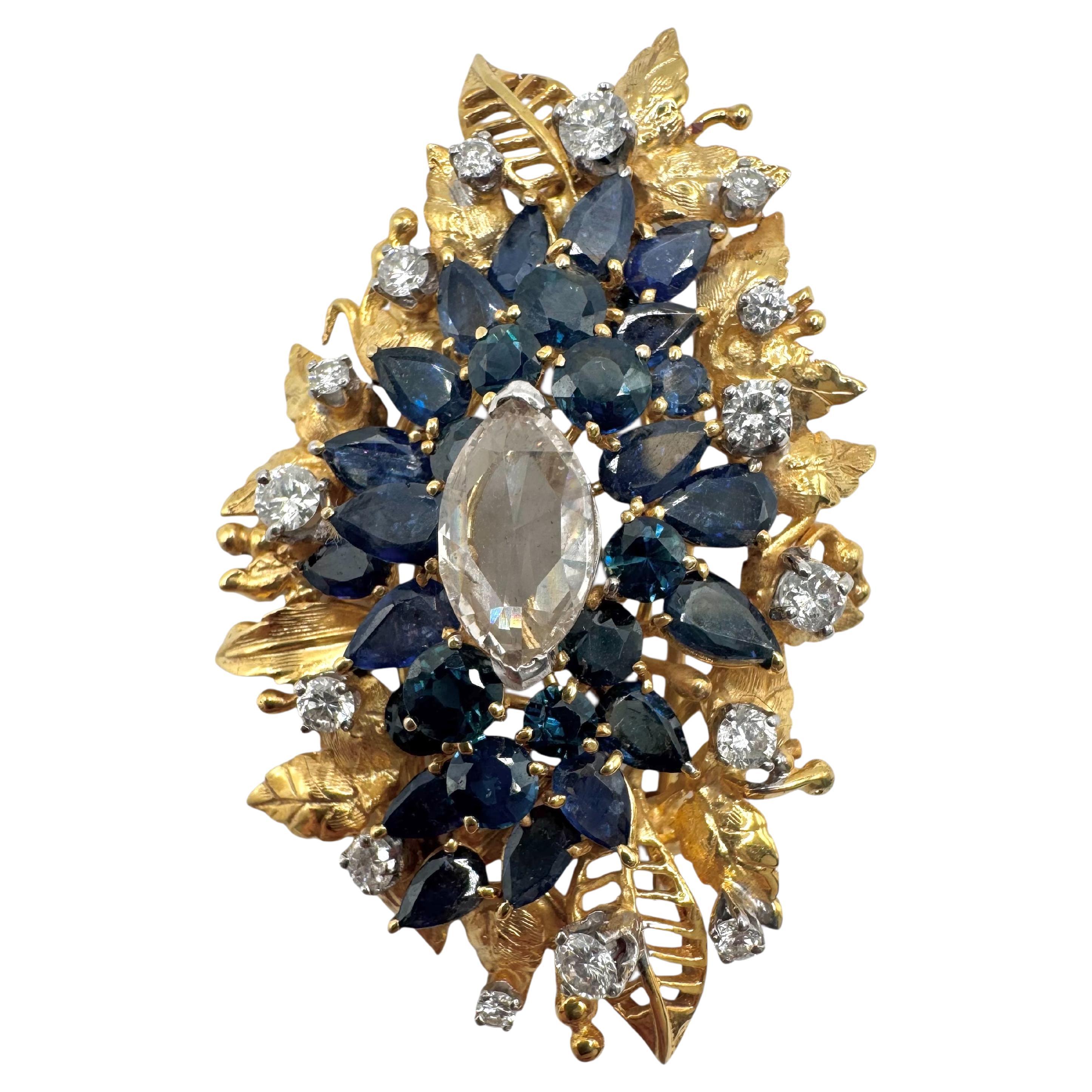 14K Yellow Gold Sapphire & Diamond Botanical Brooch with Rose-Cut Center
