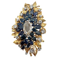 14K Yellow Gold Sapphire & Diamond Botanical Brooch with Rose-Cut Center