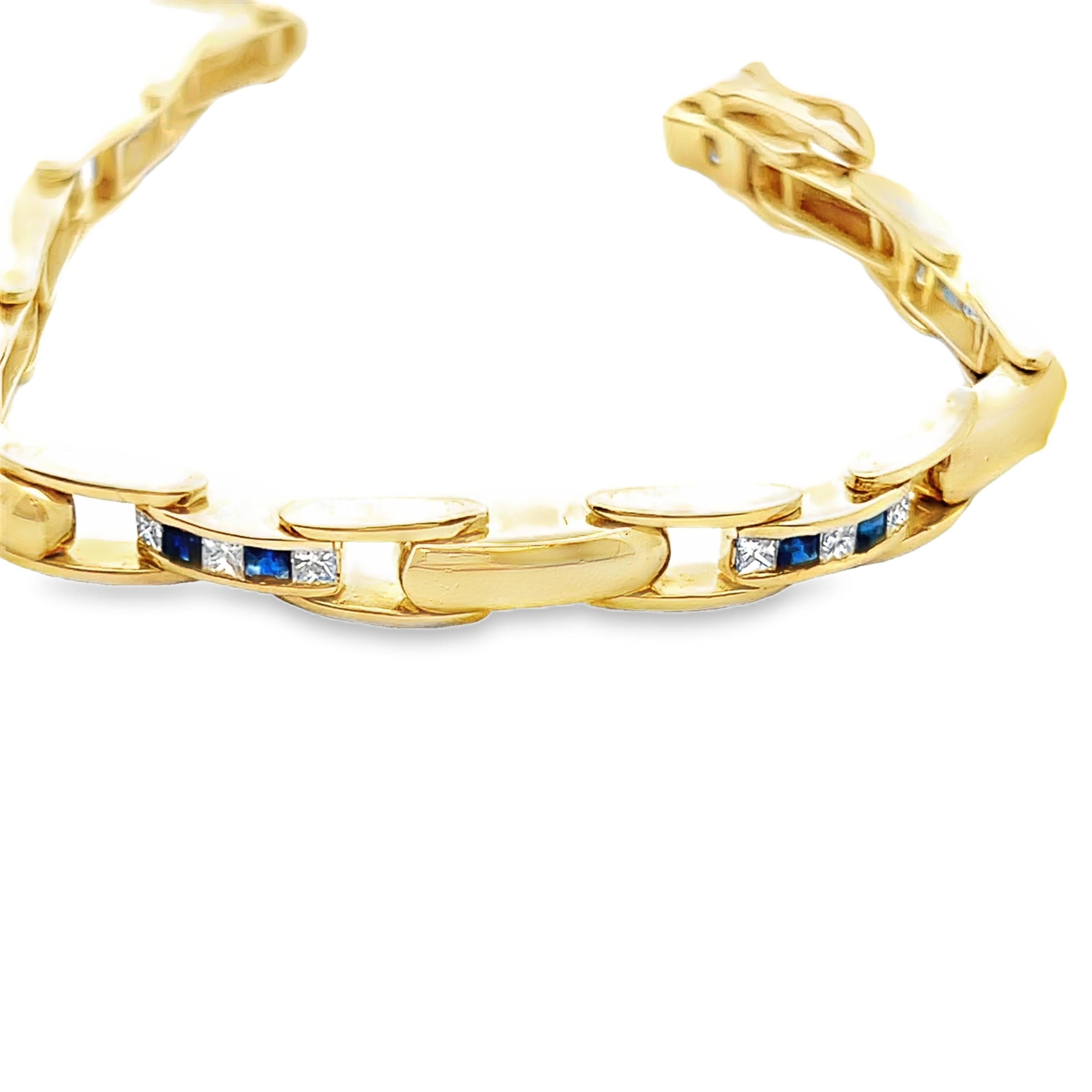 Square Cut 14k Yellow Gold Sapphire & Diamond Chain Bracelet For Sale