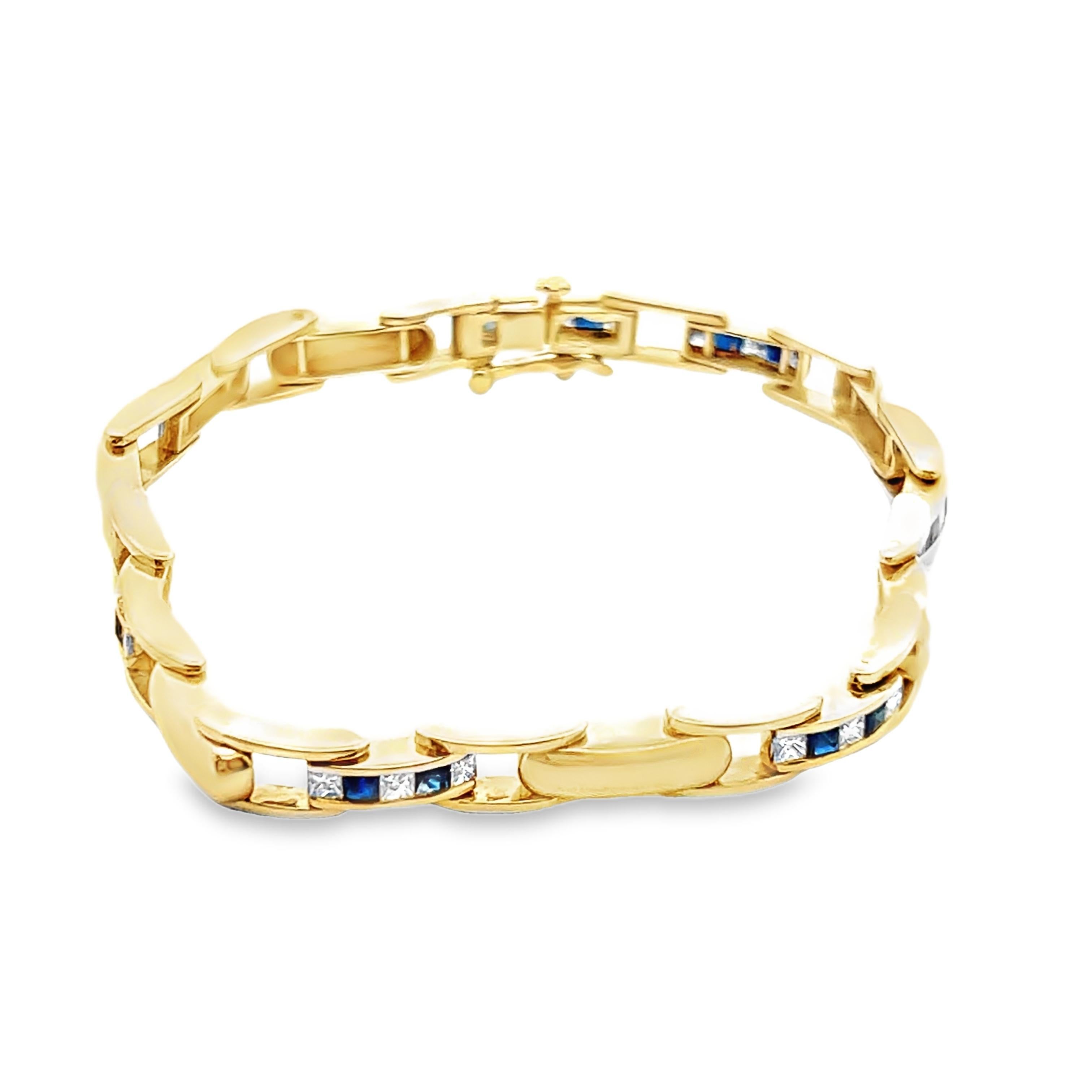 Women's 14k Yellow Gold Sapphire & Diamond Chain Bracelet For Sale