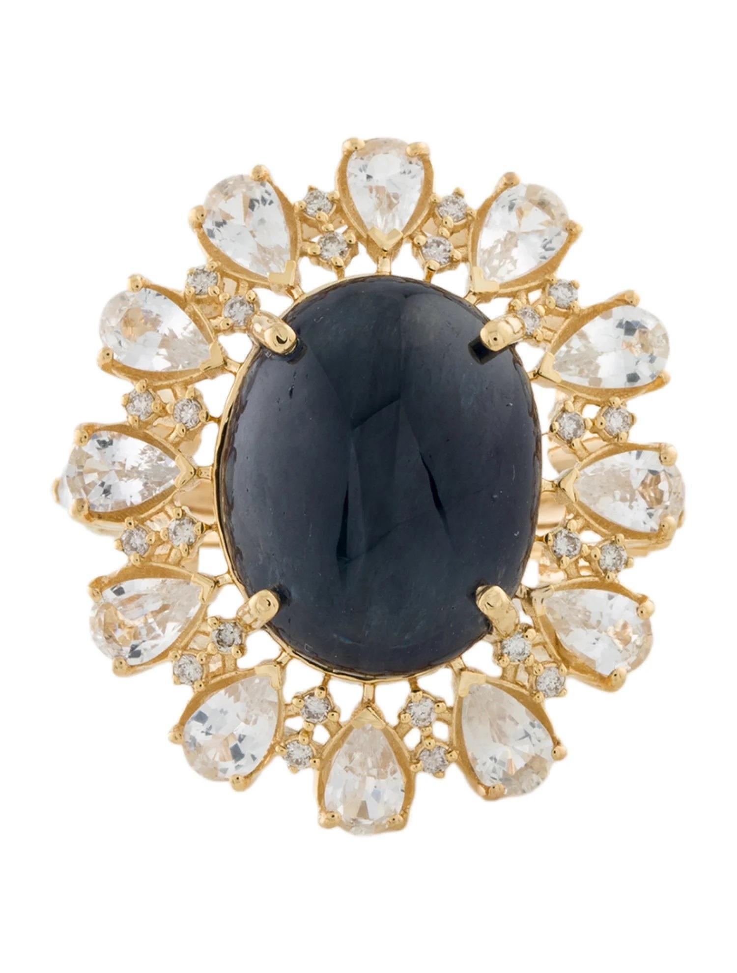 Artist 14K Yellow Gold Sapphire & Diamond Cocktail Ring, Size 6.75  Faceted Pear Shape For Sale