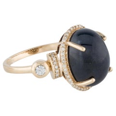14K Yellow Gold Sapphire & Diamond Cocktail Ring Size 7  Round Brilliant Sapphi