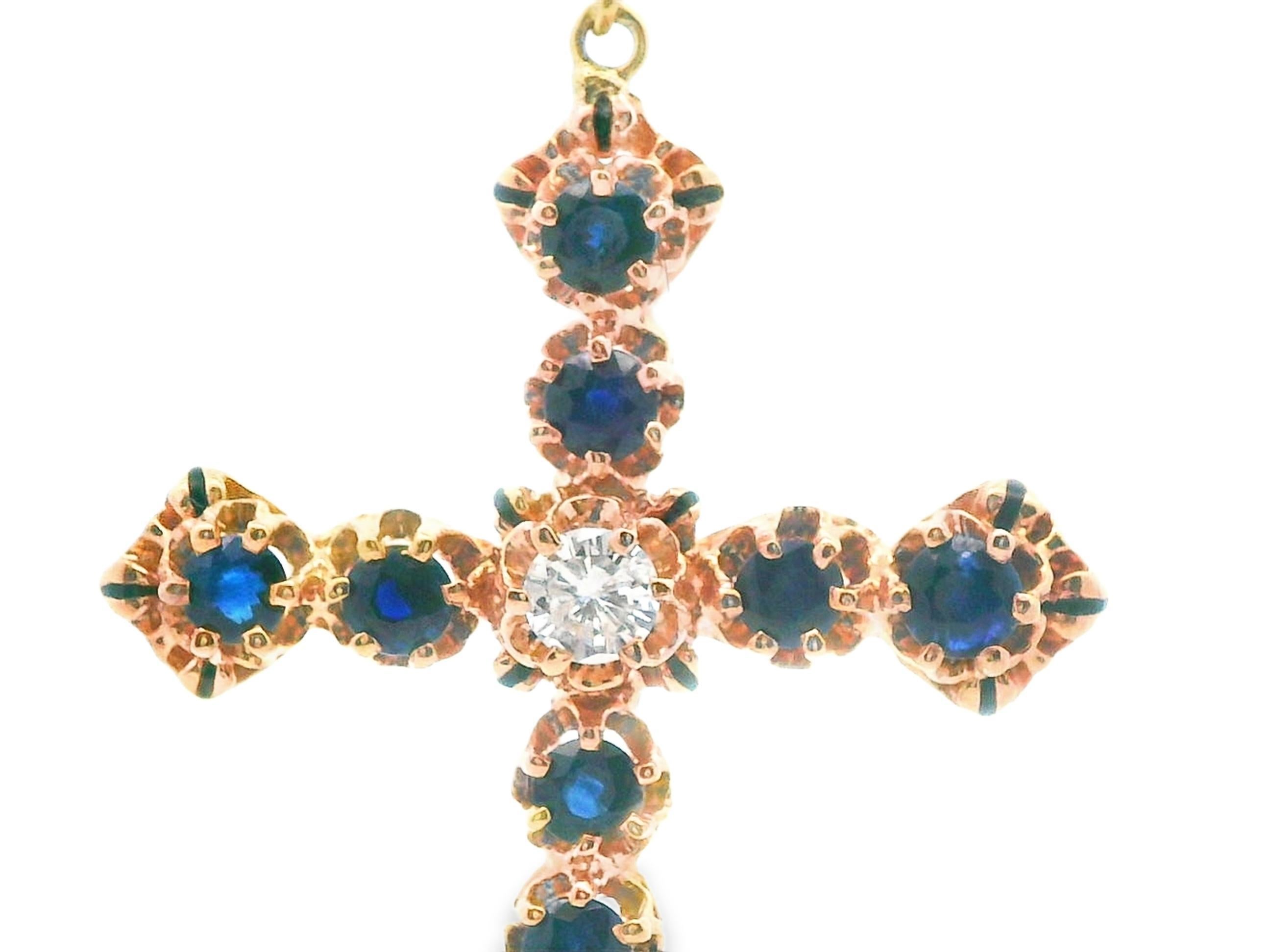 Round Cut 14k Yellow Gold Sapphire & Diamond Cross Pendant For Sale