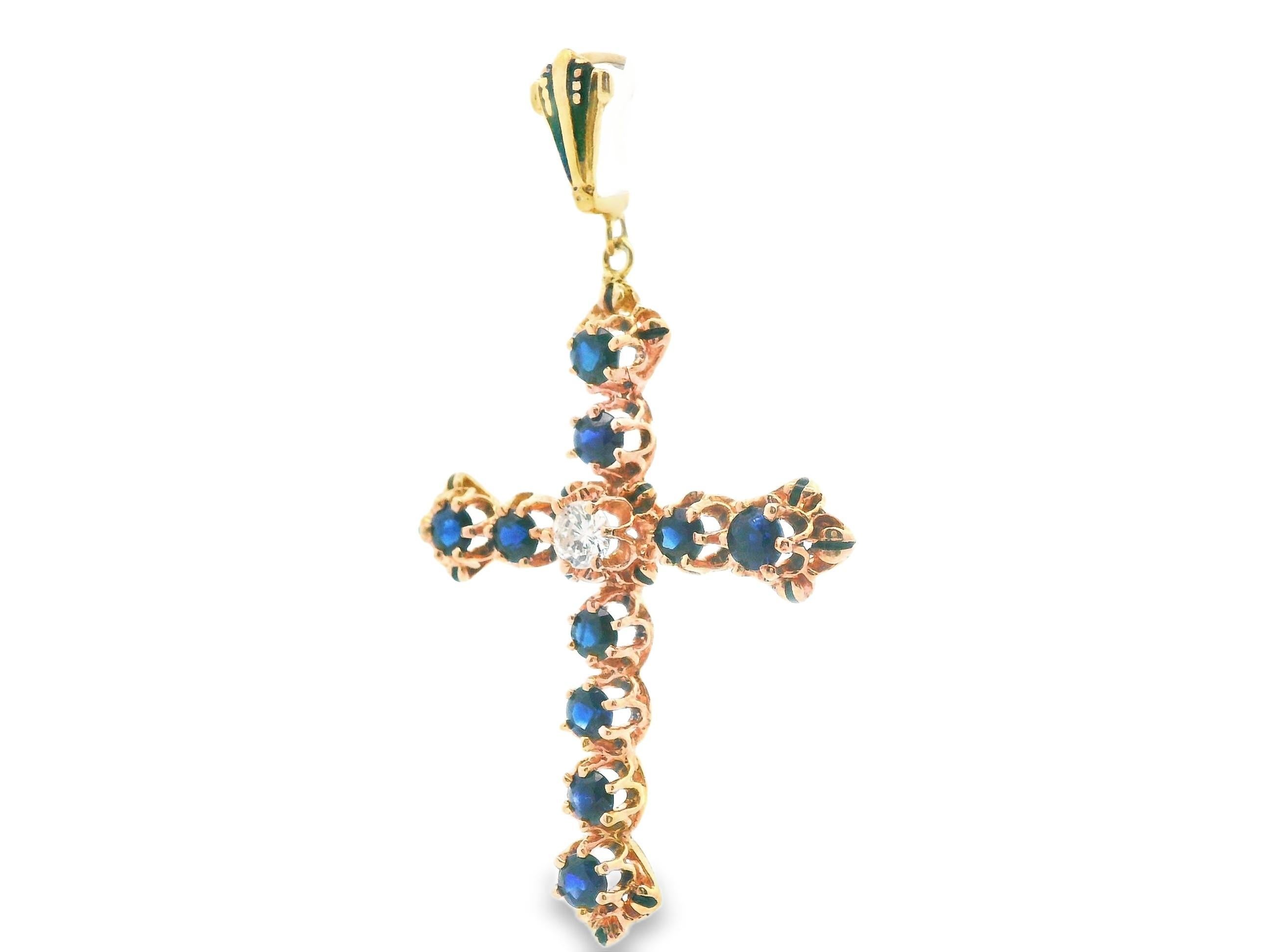 14k Yellow Gold Sapphire & Diamond Cross Pendant In Good Condition For Sale In Lexington, KY