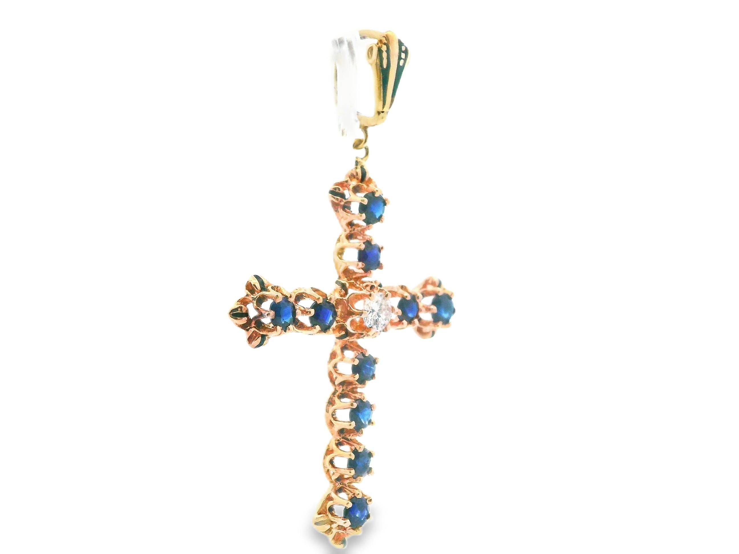 Women's 14k Yellow Gold Sapphire & Diamond Cross Pendant For Sale