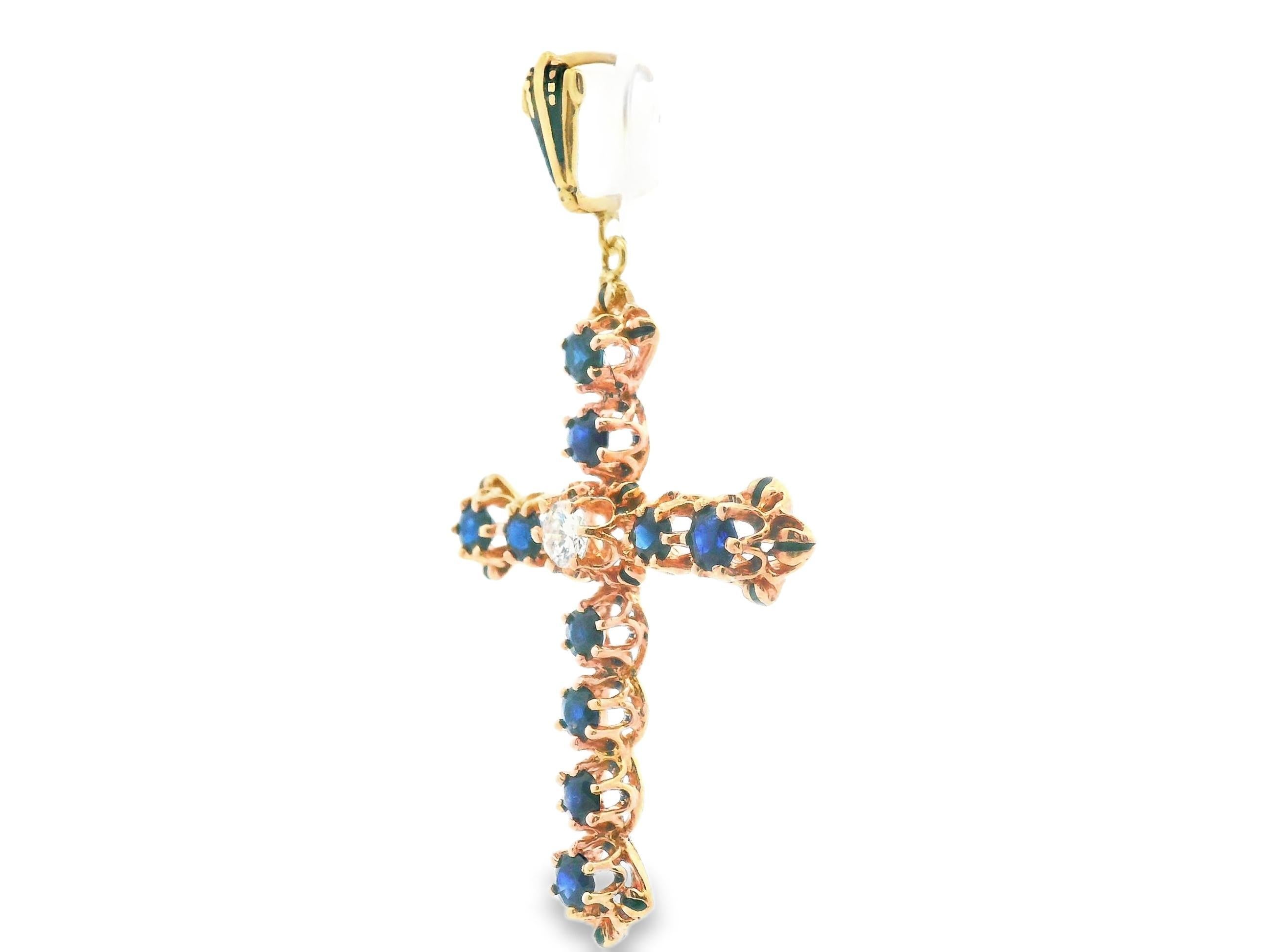 Women's 14k Yellow Gold Sapphire & Diamond Cross Pendant For Sale