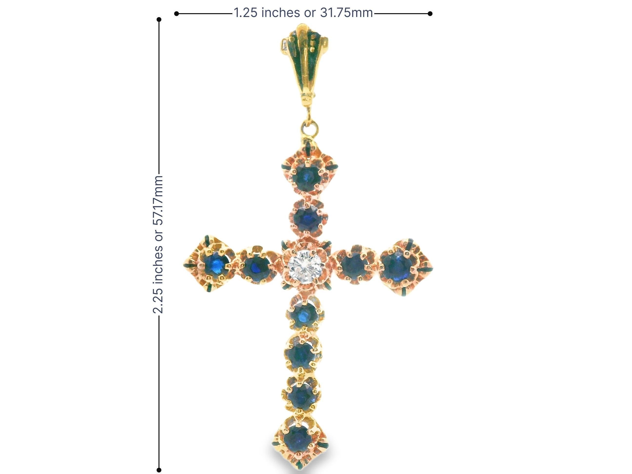 14k Yellow Gold Sapphire & Diamond Cross Pendant For Sale 3