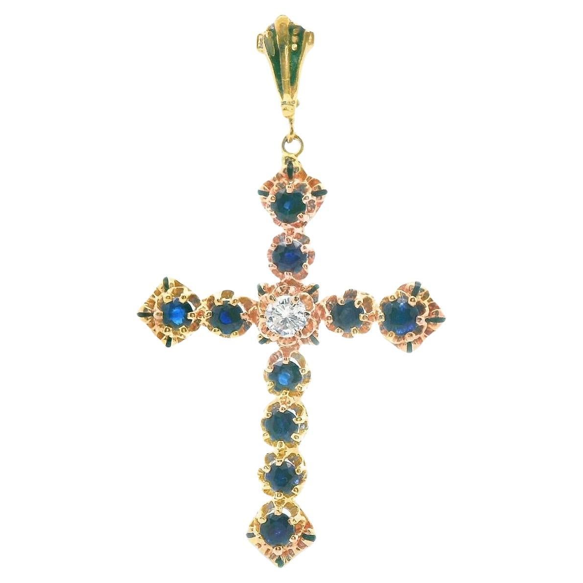 Colgante Cruz Zafiro y Diamante Oro Amarillo 14k