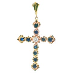 Colgante Cruz Zafiro y Diamante Oro Amarillo 14k