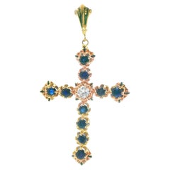 14k Yellow Gold Sapphire & Diamond Cross Pendant