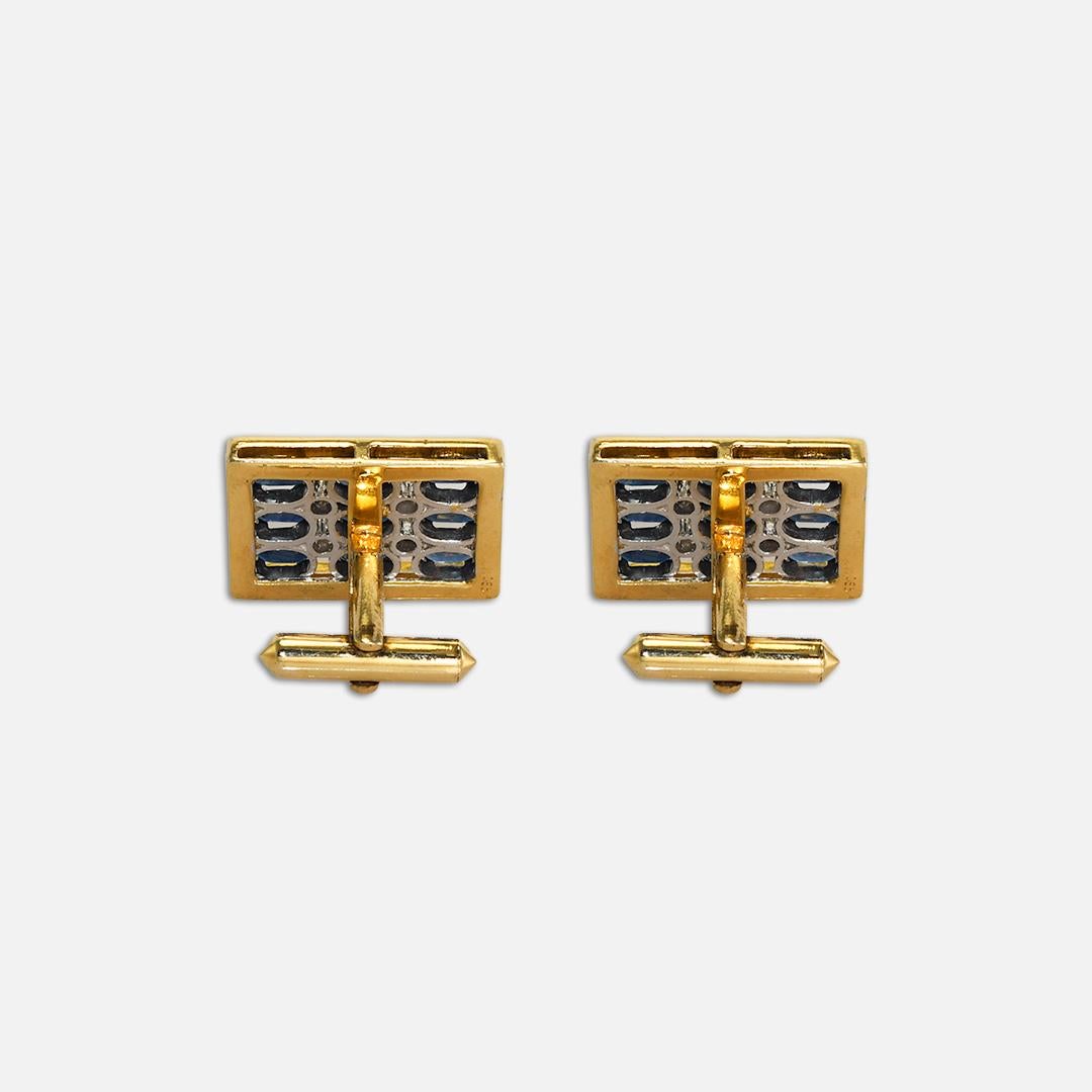 Taglio rotondo Set di gemelli con zaffiro e diamante in oro giallo 14K in vendita