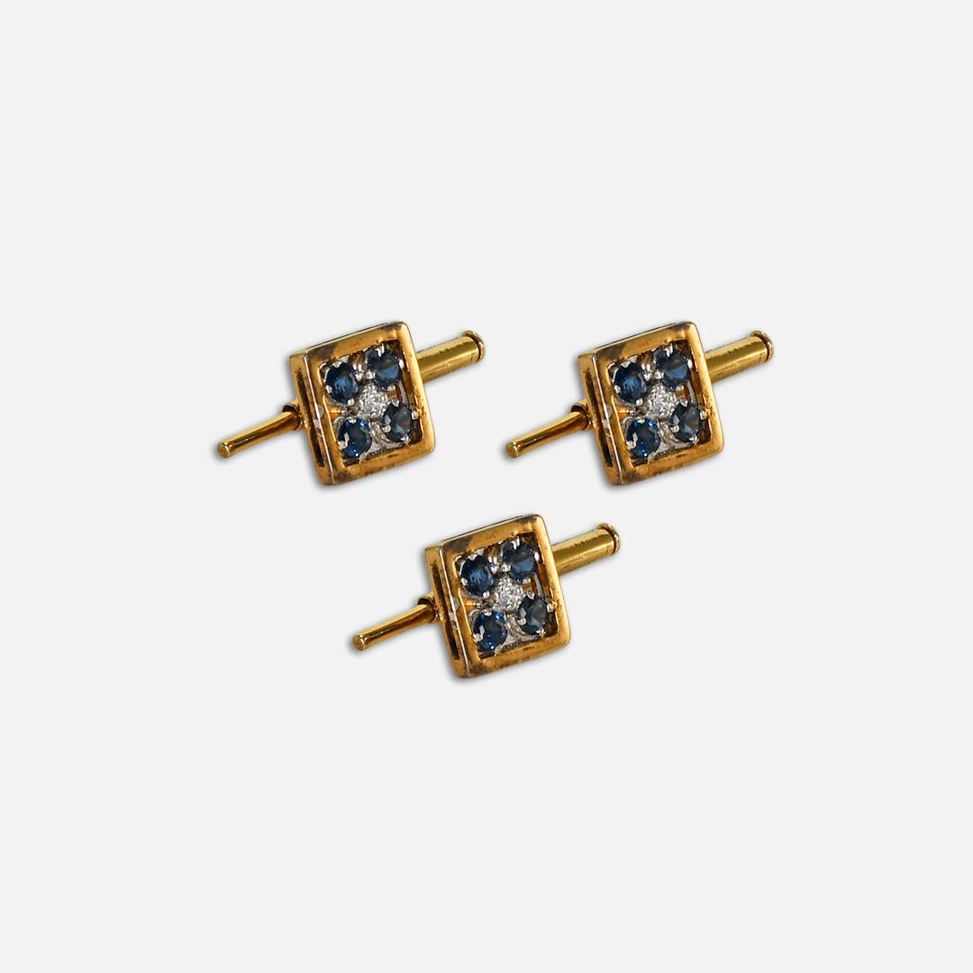 da uomo o donna Set di gemelli con zaffiro e diamante in oro giallo 14K in vendita