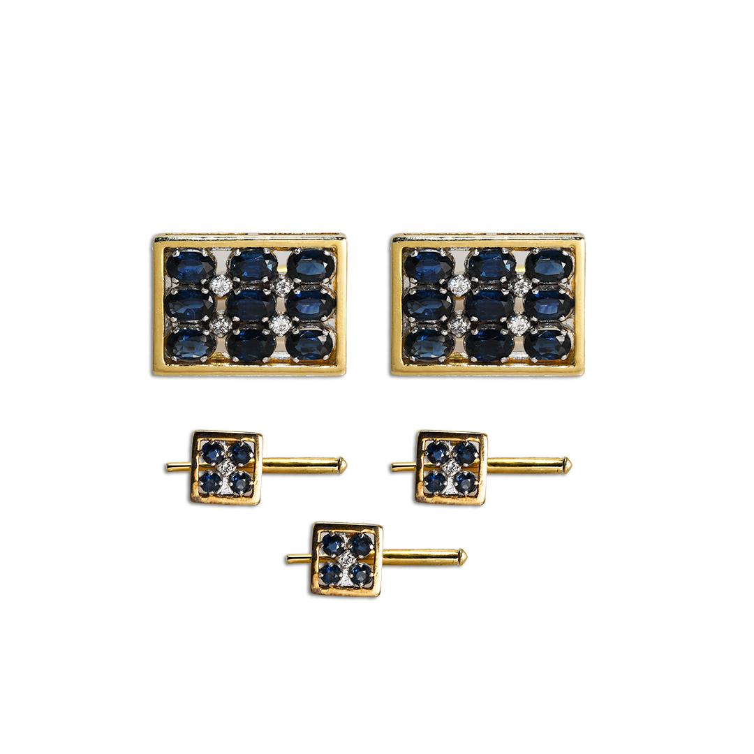 Set di gemelli con zaffiro e diamante in oro giallo 14K