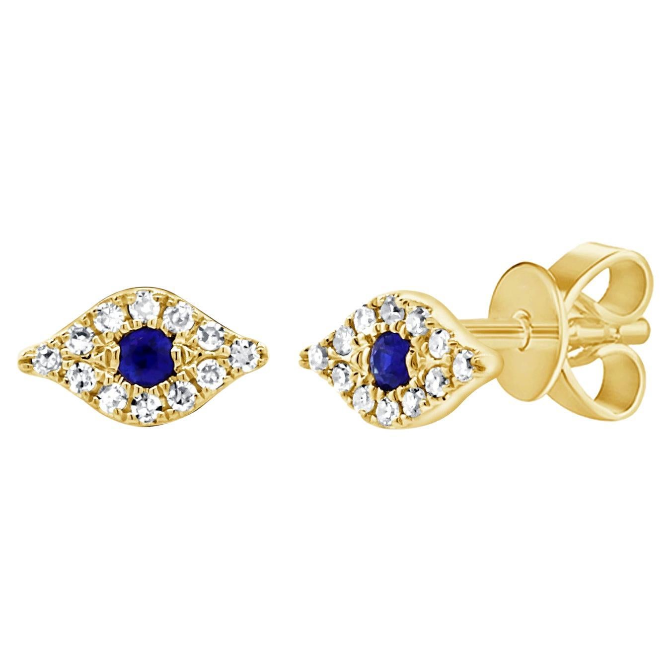 14K Yellow Gold Sapphire & Diamond Evil Eye Stud Earrings for Her