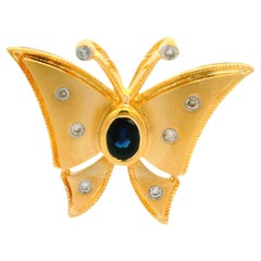 14k Yellow Gold Sapphire Diamond Milgrain Butterfly Slide Pendant Pin Brooch