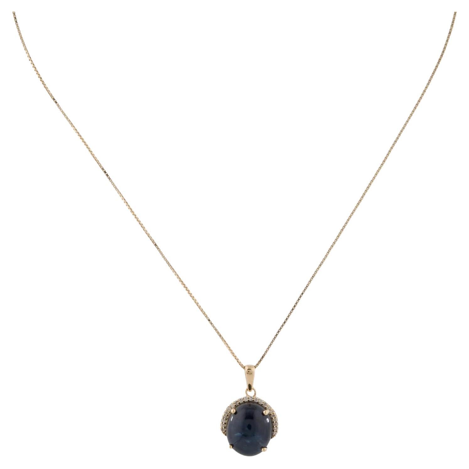14K Yellow Gold Sapphire & Diamond Pendant Necklace with 15.16mm Oval Cabochon