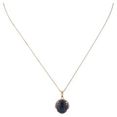 14K Yellow Gold Sapphire & Diamond Pendant Necklace with 15.16mm Oval Cabochon